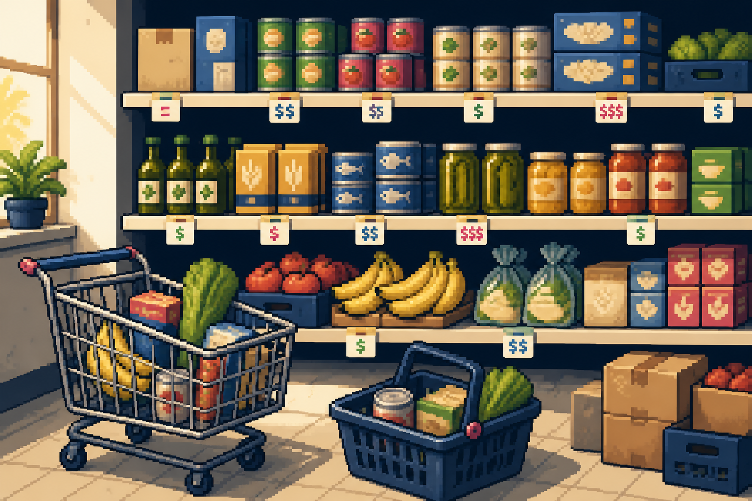 Pixel-art grocery shelves, shopping cart, basket, and bananas